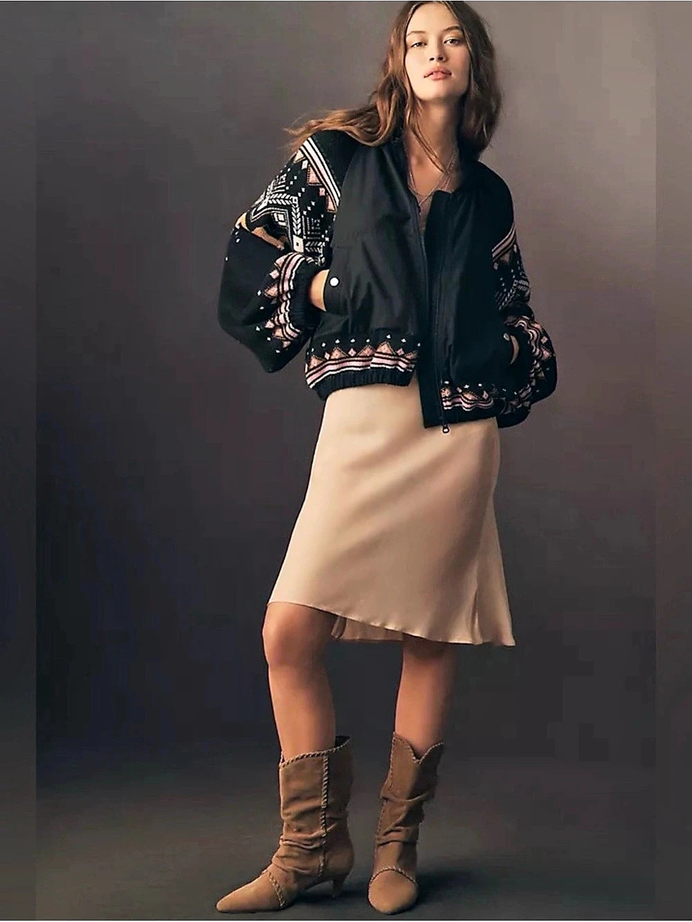 Anthropologie Geometric Knit-Sleeve Bomber Jacket in Black & Pink Like New